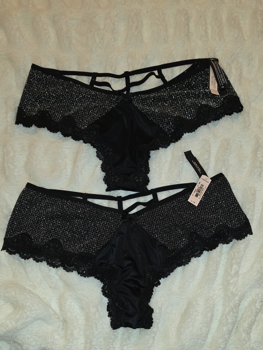 TWO Large VICTORIAS SECRET Women's Black Lace Strappy Hipster Panty NWT
